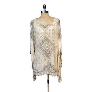 Chicos Clariza Oversize Poncho S/M Beige/Brown Geometric Print Beaded Trim NWT
